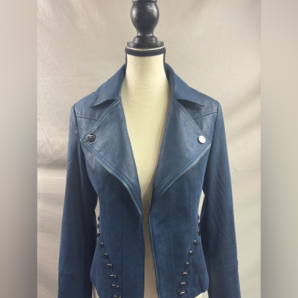 Joseph Ribkoff Studded Vegan Leather Jacket Blue - Picture 5 of 11